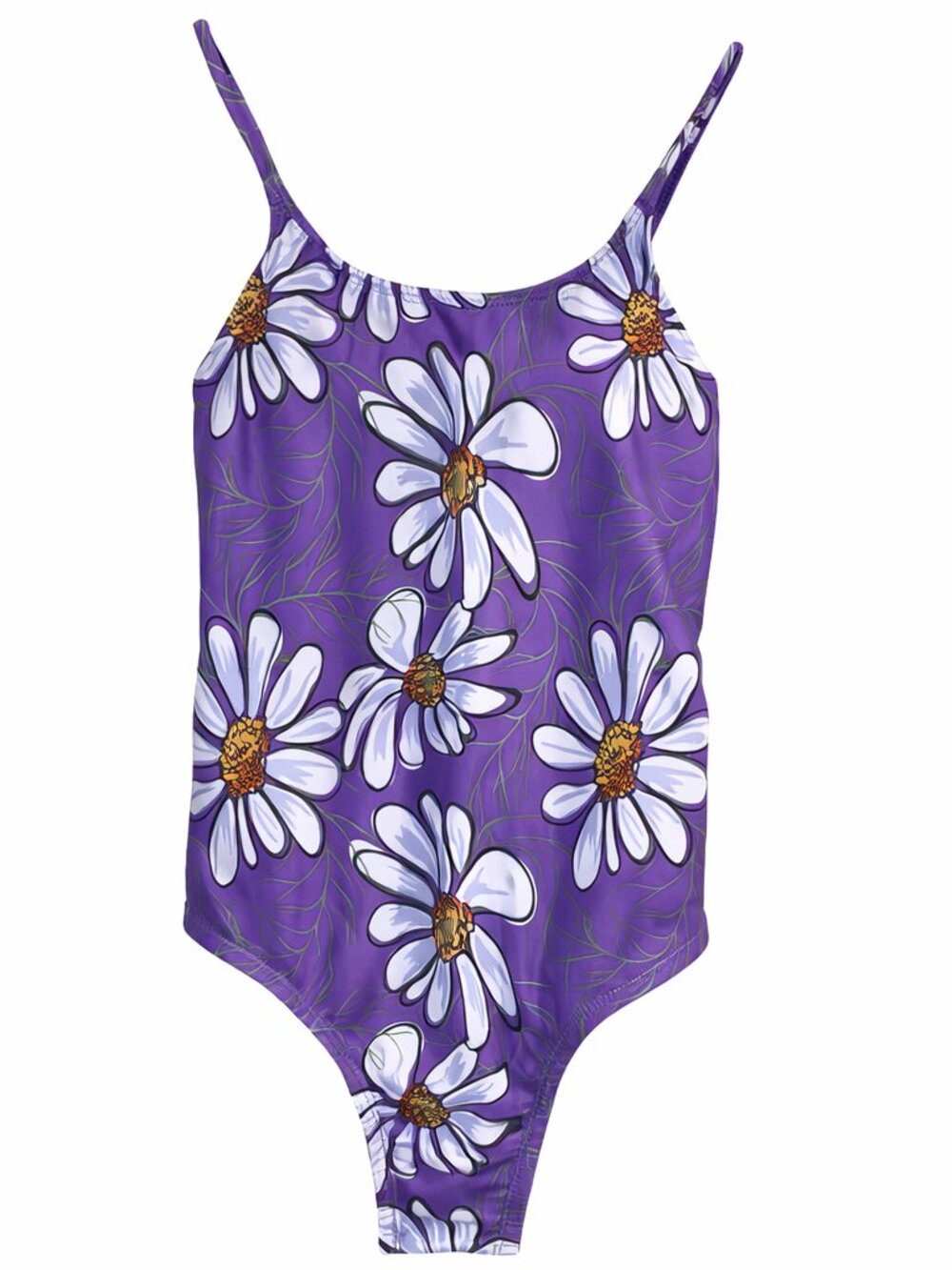 Girls Retro Purple Daisy One‑Piece Swimsuit | Floral Print Bathing Suit | Beach